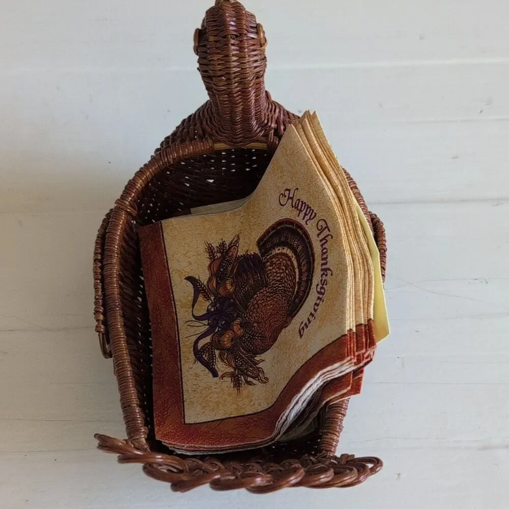 VTG Wicker Turkey Napkin Basket Holder, Woven, Handle, Thanksgiving Theme